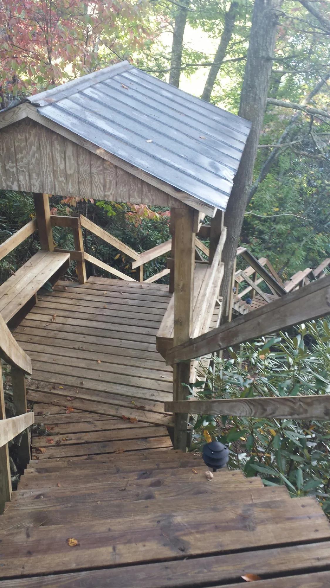 Metal roofed shelter over wooden steps on a wooded walkway — Skylight Repair & Installation work by our crew in Thomasboro
